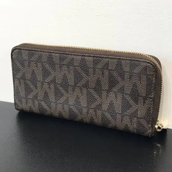 Michael Kors Jet Set Brown MK Signature Logo Large Zip Wallet Clutch - Picture 7 of 16